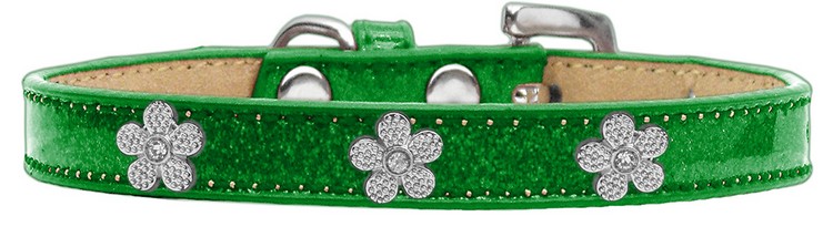 Silver Flower Widget Dog Collar Emerald Green Ice Cream Size 14